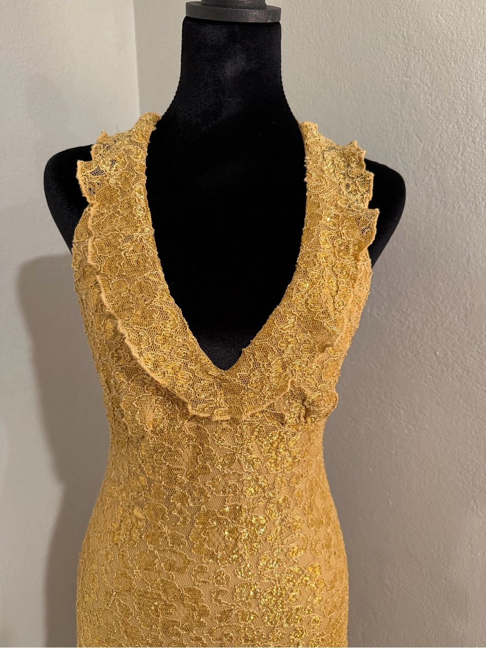 Vintage Betsey Johnson Gold Lace Ruffle V-Neck Halter Dress Sz S Y2K Whimsygoth - Picture 2 of 7